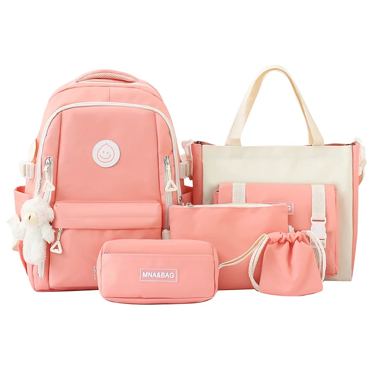 5pcs Backpack Set Canvas Patchwork Handbag for Teenagers Students (Pink)