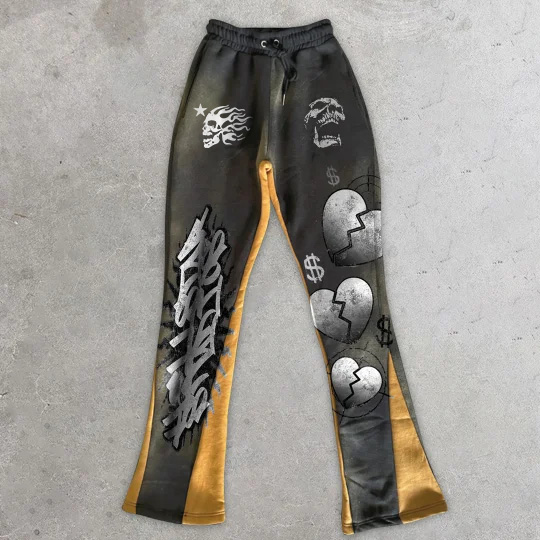 Loveciss®/ Heart Skull Casual Street Heart Print Micro Flared Sweats Trousers