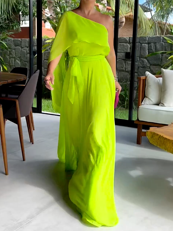 Asymmetric Fluorescent Plain Long Sleeves One-Shoulder Maxi Dresses