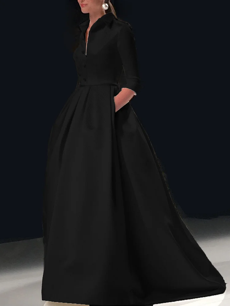 Elegant Solid Color Pockets Turndown Collar Maxi Dress