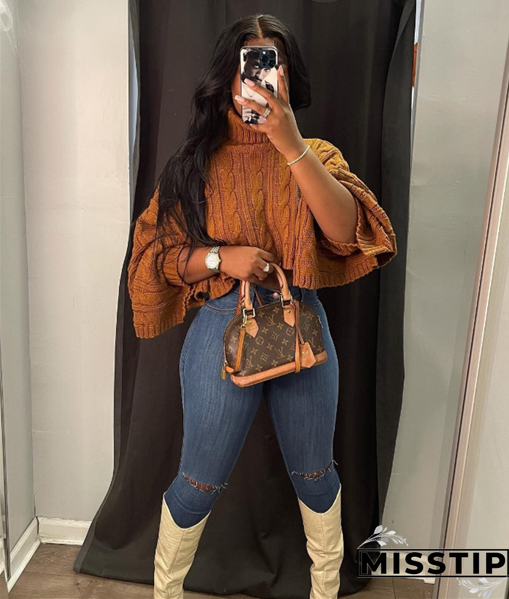 Winter Pullover Turtleneck Knitted Shawl Crop Sweaters