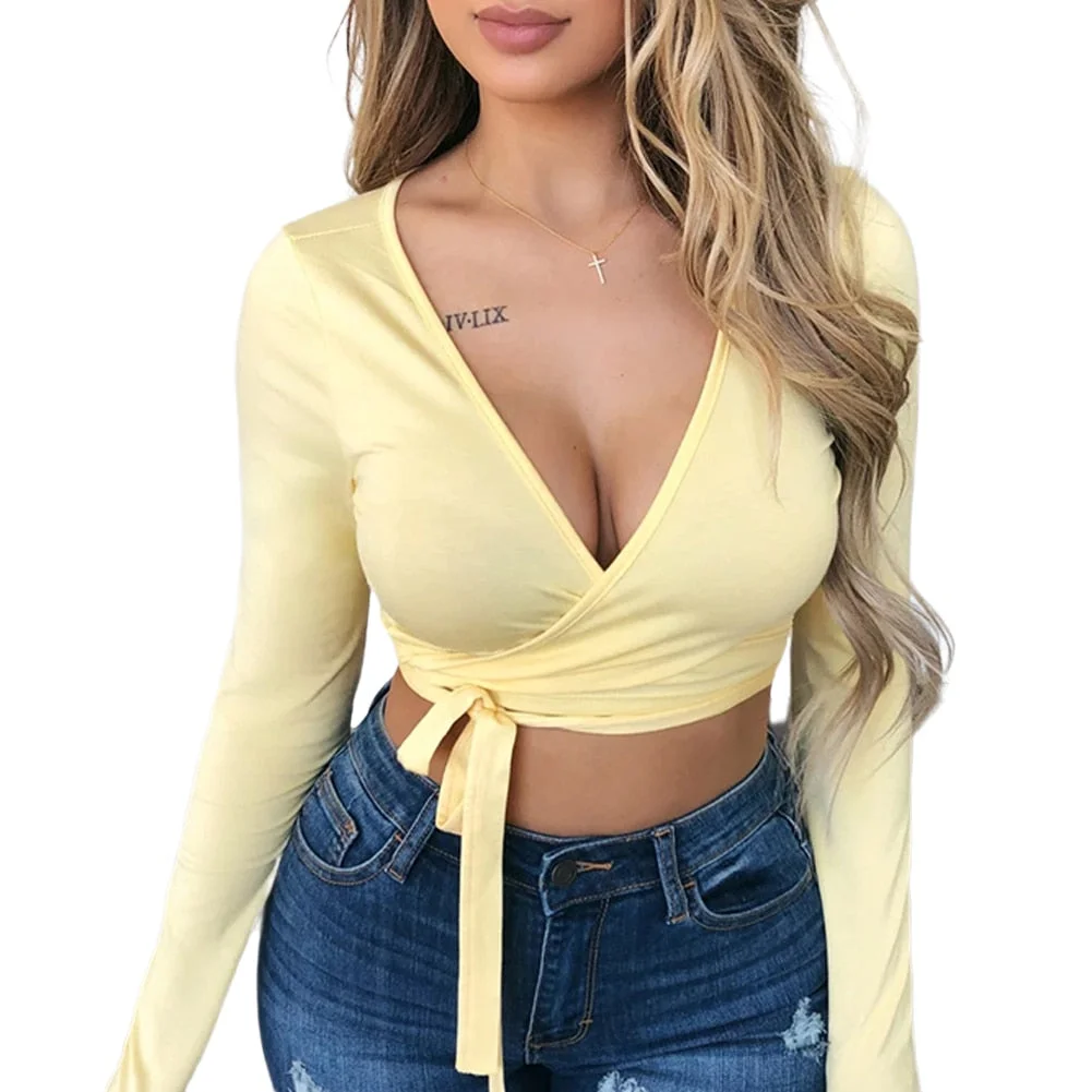 Sexy Solid Long Sleeve T-Shirt Women Solid Crop Tops Fashion Female Bottoming Shirts Deep V Front Lace-up Skinny Tees