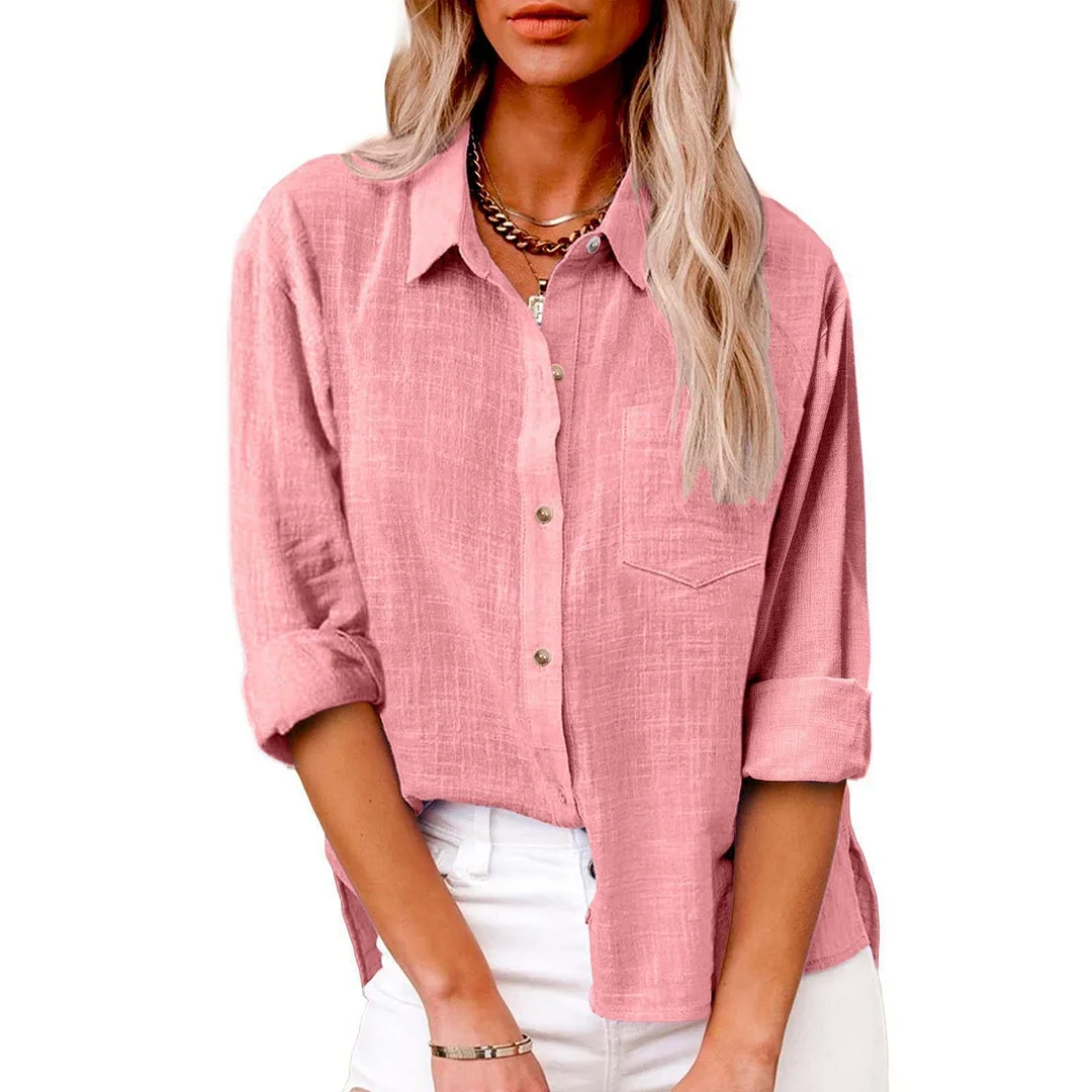 Uveng Autumn Pocket Split Linen Long-sleeved Blouses
