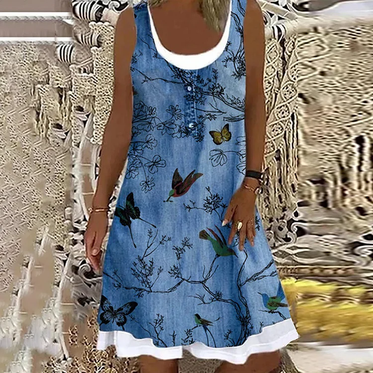 Casual Bird Print Sleeveless Mini Dress