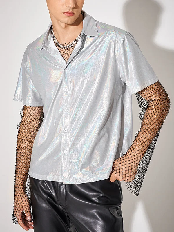 Aonga - Mens Metallic Shiny Silver Glitter Holographic ShirtJ