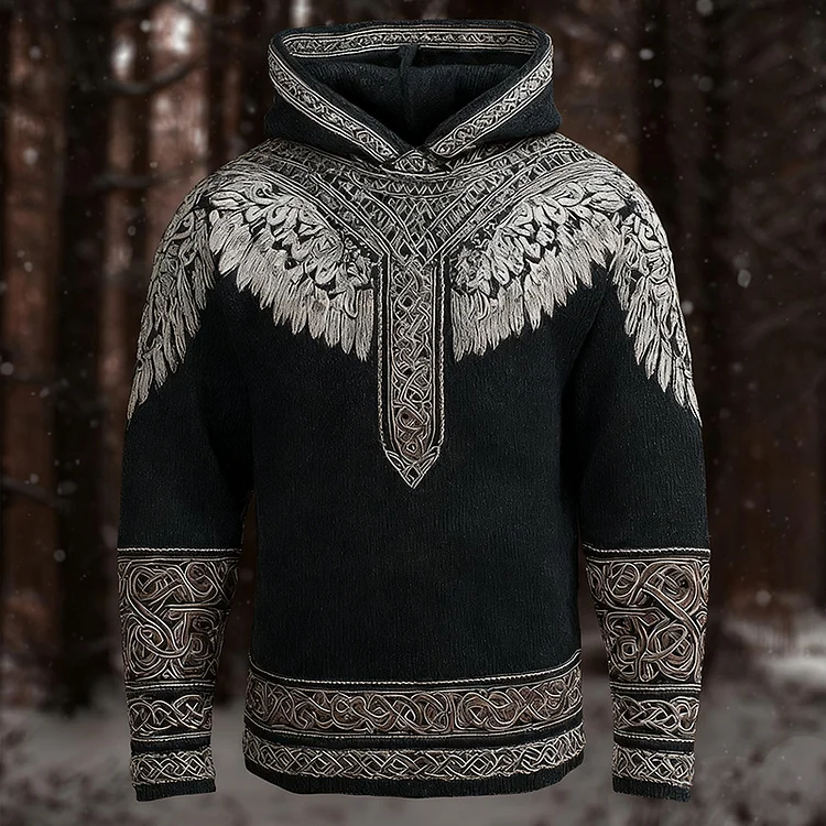 Men's Vintage Viking Wings Print Knit Hooded Sweater