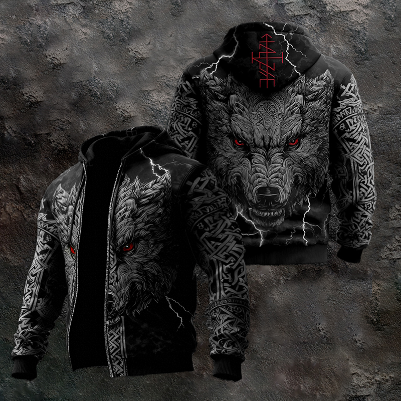 Men's Viking Lightning Wolf Runes Vegvisir Vintage Full Zip Hoodie elevenforest