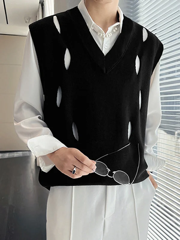 Aonga - Mens Solid Cutout V-neck Knit Vest