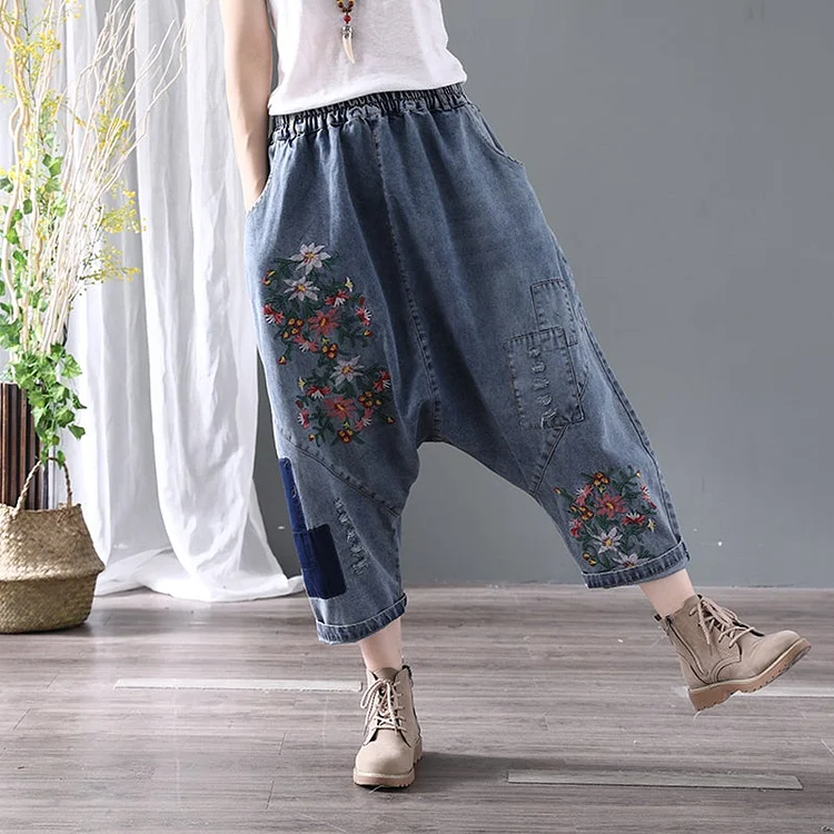 Denim Floral Pocket Low Drop Crotch Embroidered Jeans