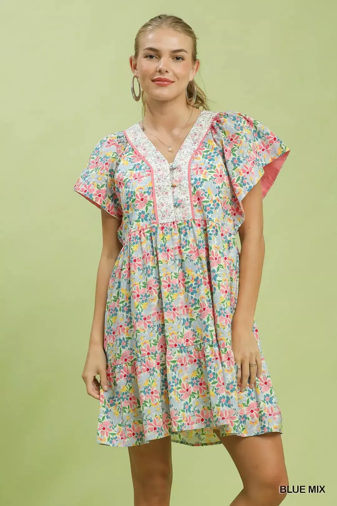 Umgee Mix Floral Tiered Mini Dress with Side Pockets mysite idetrend