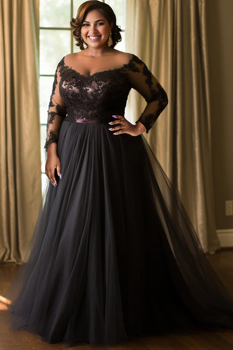 Xpluswear Design Plus Size Formal Tulle Black Elegant Off The Shoulder Long Sleeve Contrast Lace Maxi Dresses [Pre-Order] 2024 - Xpluswear