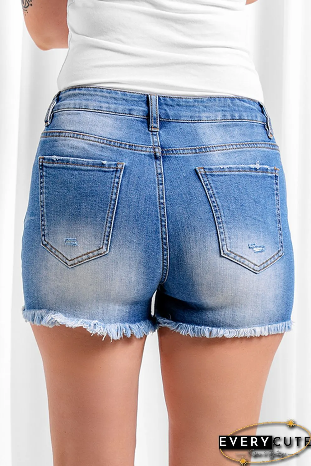 Sky Blue Ripped Tasseled Hem Buttons Jean Shorts