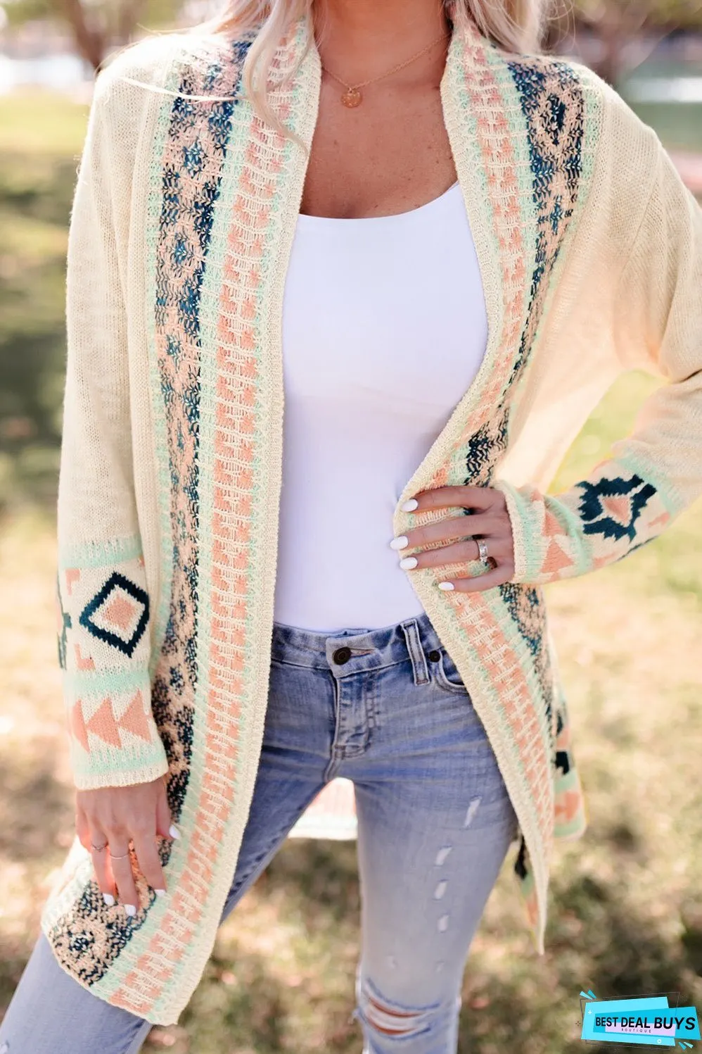 Aztec Khaki Western Print Open Front Cardigan