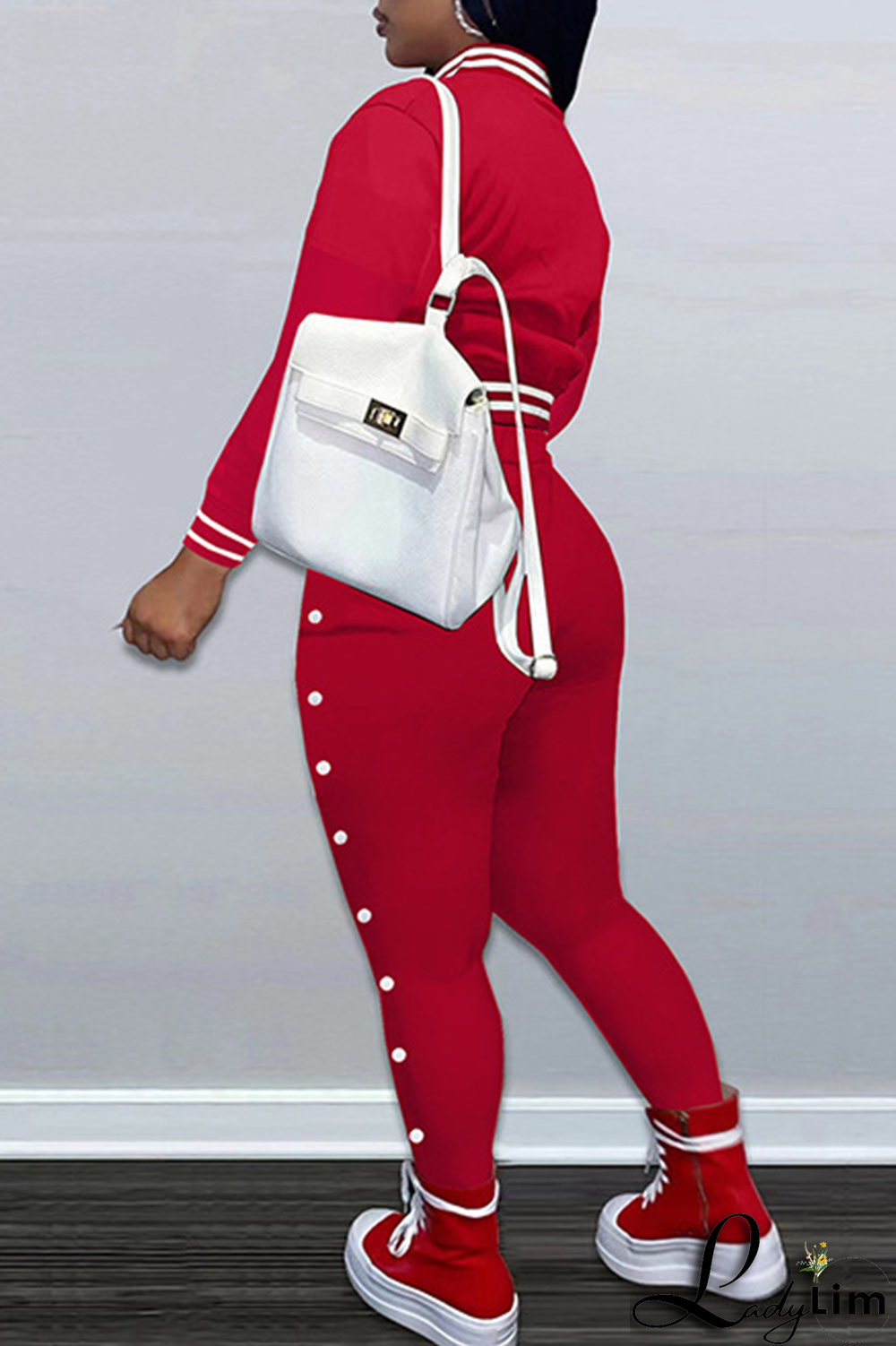 Red Casual Print Patchwork Mandarin Collar Nine Points Sleeve Two Pieces