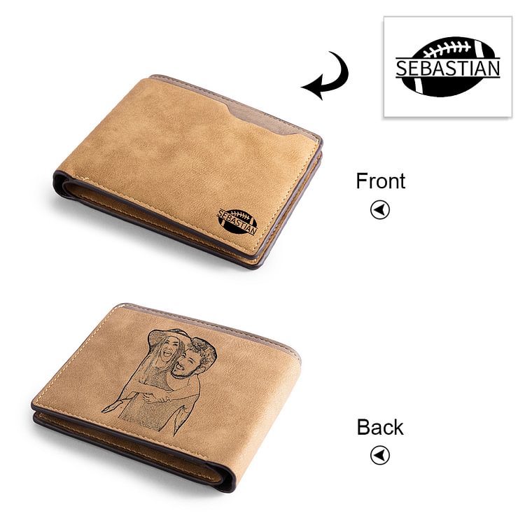 Custom Photo Wallet with Name Rugby Ball Pattern Engraved on The Back - Gift for Him
