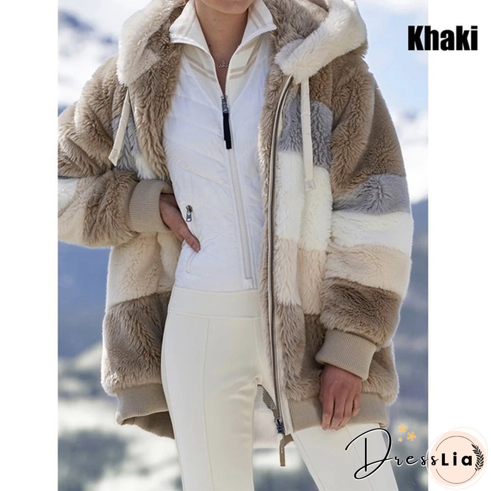 New Trend Women's Fashion Jacket Hooded Winter Warm Plush Loose Jacket for Women Patchwork Winter Outerwear Faux Fur Zipper Ladies Parka Coat Plus Size 6 Colors