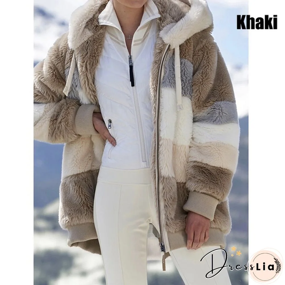 New Trend Women's Fashion Jacket Hooded Winter Warm Plush Loose Jacket for Women Patchwork Winter Outerwear Faux Fur Zipper Ladies Parka Coat Plus Size 6 Colors