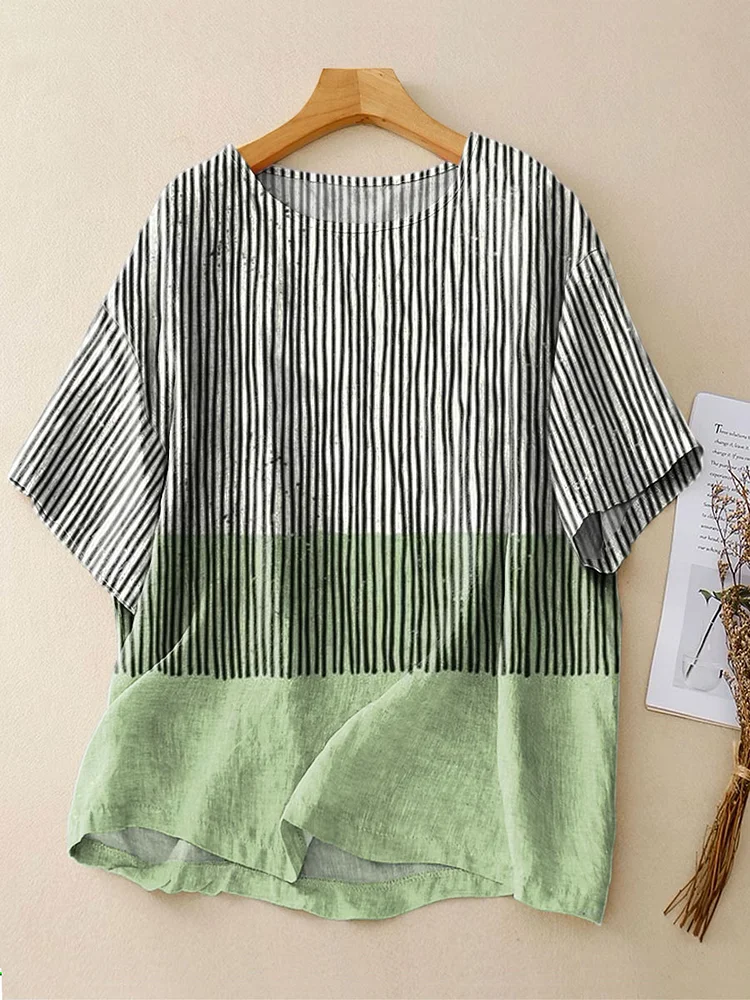 Women's Retro Abstract Stripes Art Print Casual Linen Crew Neck Shirt