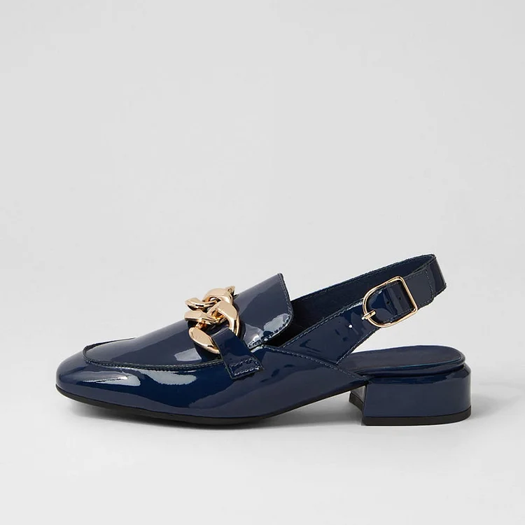 Navy Patent Leather Slingback Shoes Square Toe Chain Heeled Loafers |FSJ Shoes