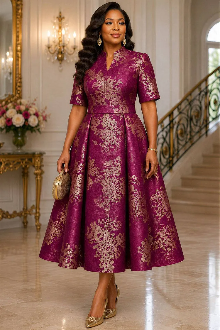 Xpluswear Design Plus Size Churchs Purple Foil Print Stand-Up Collar Short Sleeve Pocket Pleated Satin Midi Dresses [Pre-Order] 2024 - Xpluswear