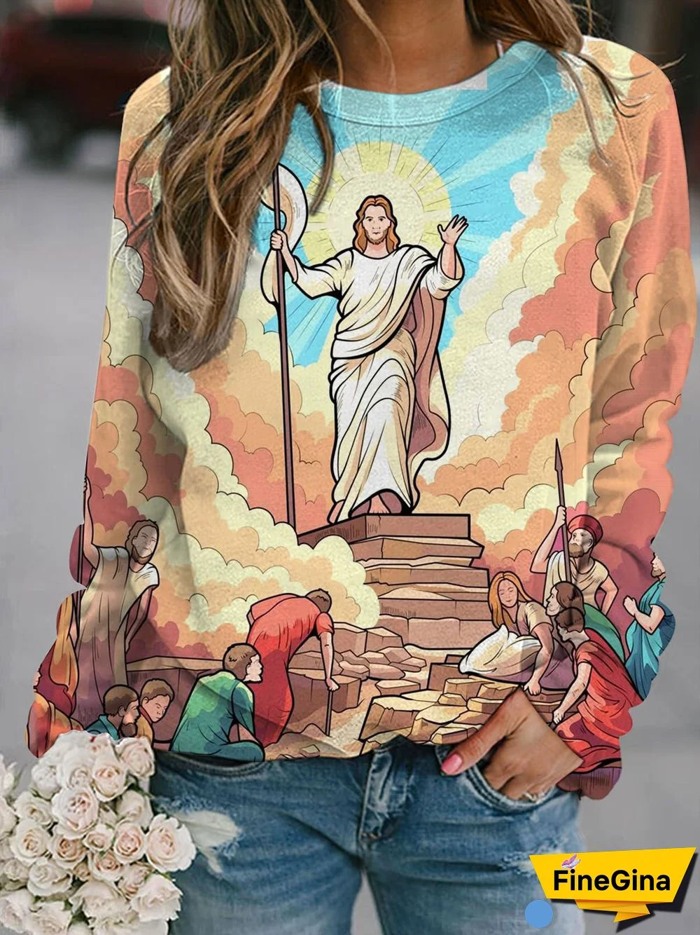 Christian Print Round Neck Long Sleeve Top