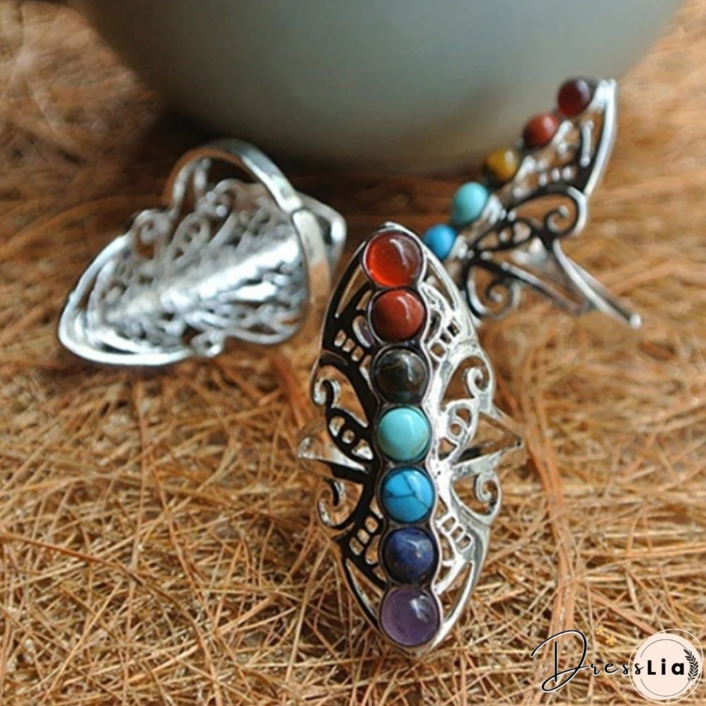Silver Plated 7 Chakra Healing Hollow Thumb Reiki Natural Stones Adjustable Ring