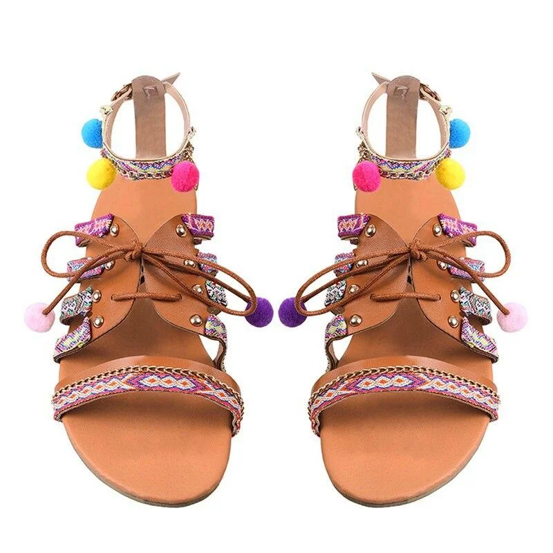 Summer Shoes Women's Sandals Bohemian Gladiator Leather Sandals Flats Summer Shoes Woman Pom-Pom Sandals For Women sandalia 1021