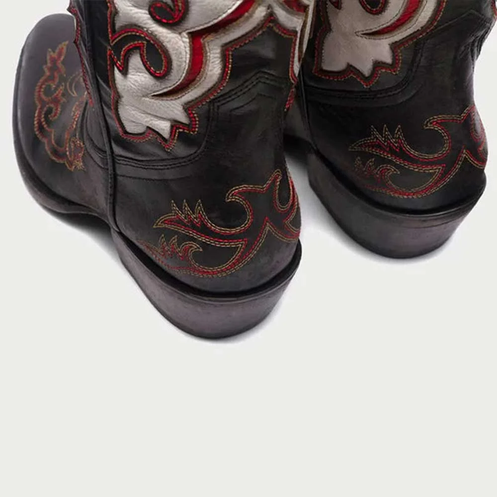  Patchwork Pattern Chunky Heel Round Toe Black Cowboy Boots for Women