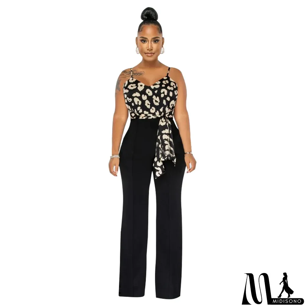 MidiSono - Black Straps High Stretch Print Tied Slim Patchwork Women'S Jumpsuit