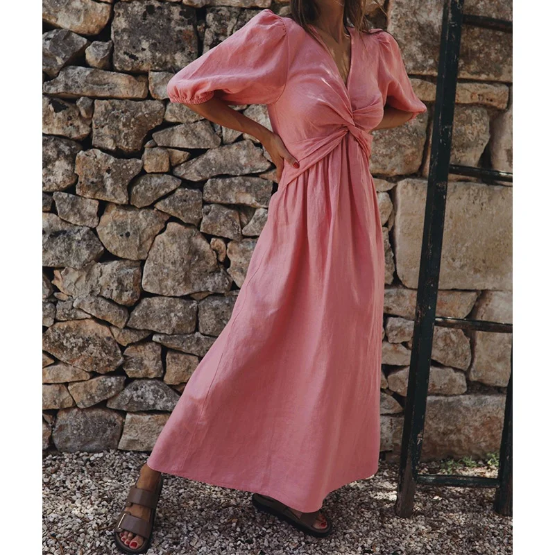 Toloer Toloer Spot 2023 Autumn New Fashion Temperament High Waist V-Neck Long Holiday Cotton And Linen Dress-Outfit Ideas