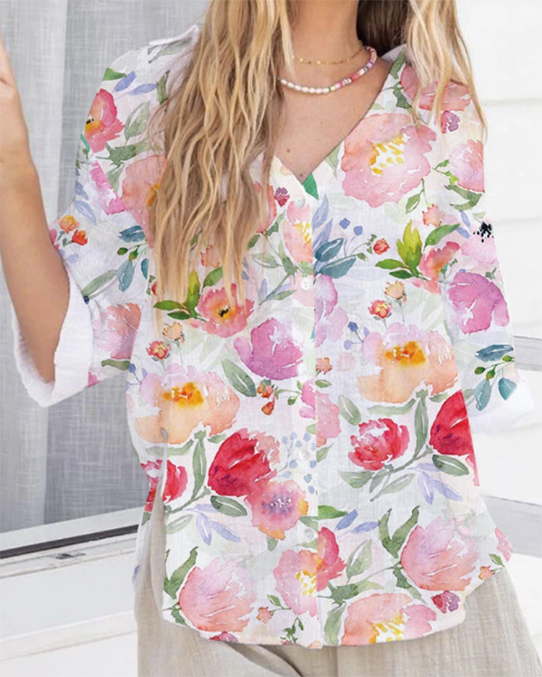 Loose V Neck Reagan Floral Half Sleeve Top