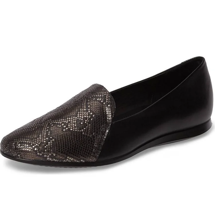Black Python Round Toe Loafers for Women |FSJ Shoes