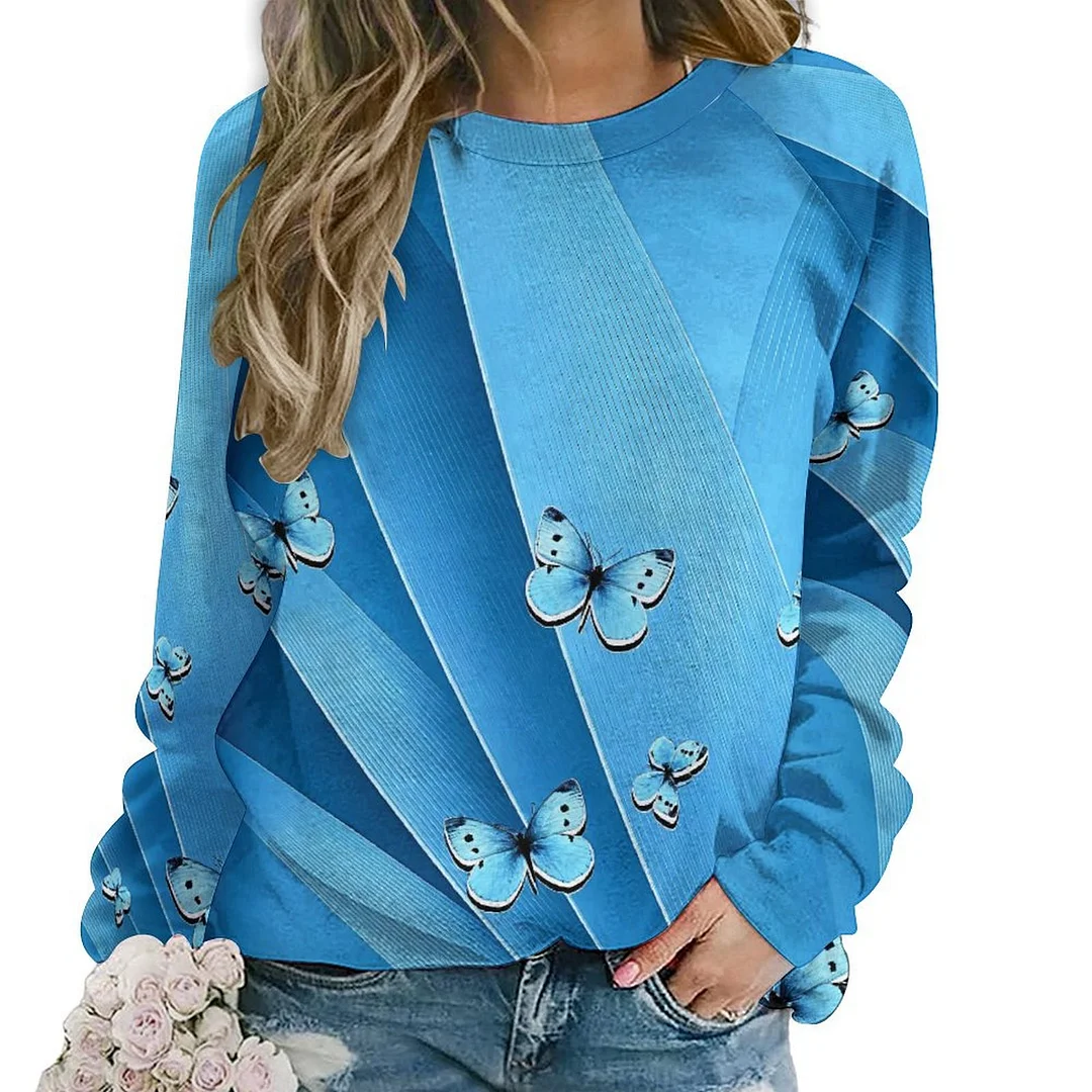 Printed Long Sleeve Casual Sweatshirt for  Women and Men Unisex Pattern Butterfly, Blue, Texture