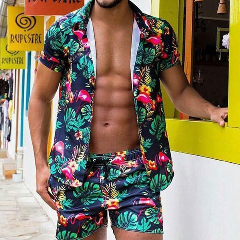 Men's Leaf Print Shirt Two Piece