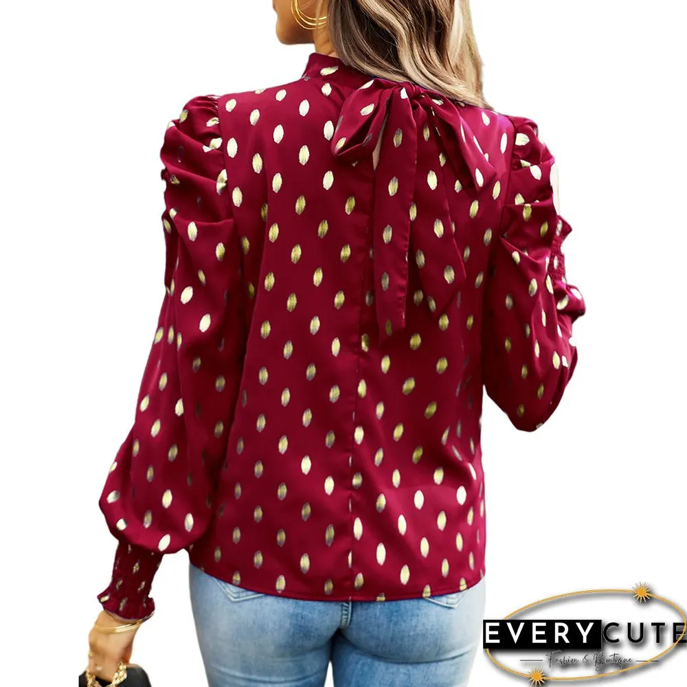 Burgundy Polka Dot Pleated Cuffs Long Sleeve Tops