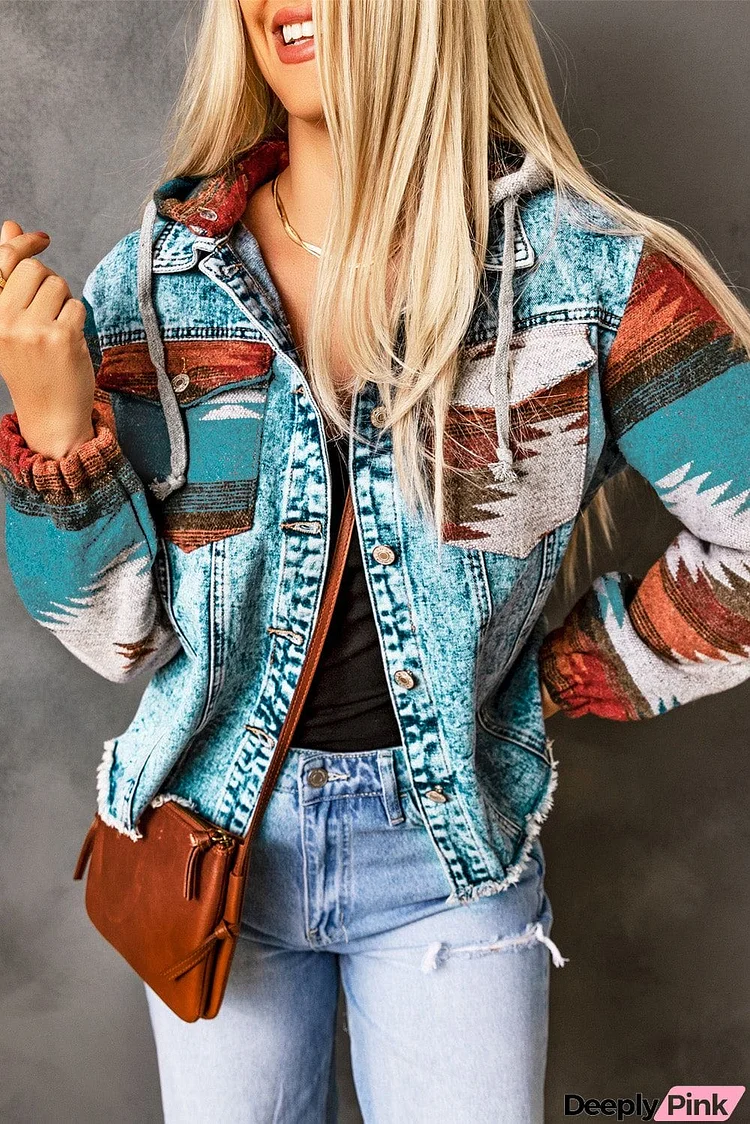 Aztec Print Frayed Hem Denim Jacket