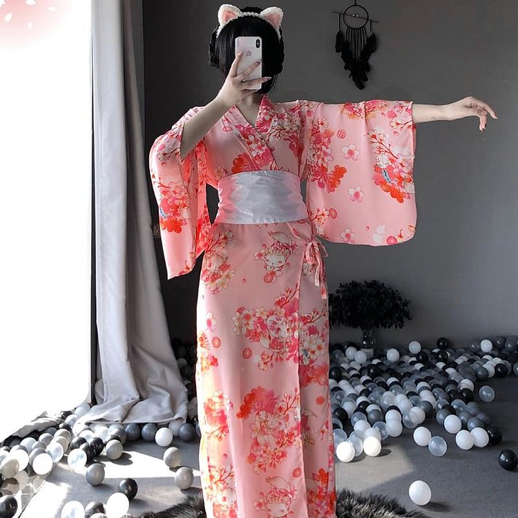 Sakura Cat Print Japanese Kimono Lingerie Dress - Modakawa