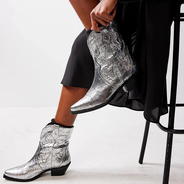 Silver Metallic Finish Pointed Toe Booties Chunky Heel Cowgirl Boots |FSJ Shoes