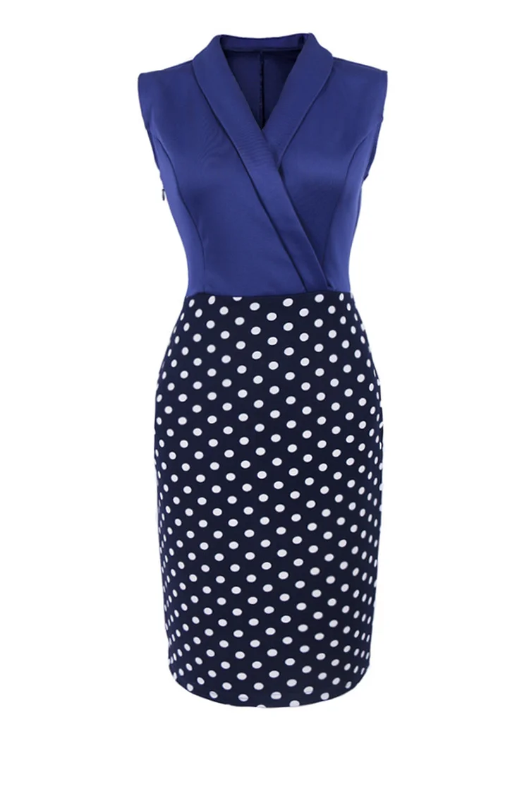 1950s Dark Blue Formal Patchwork Polka Dot Bodycon Pencil Midi Dress