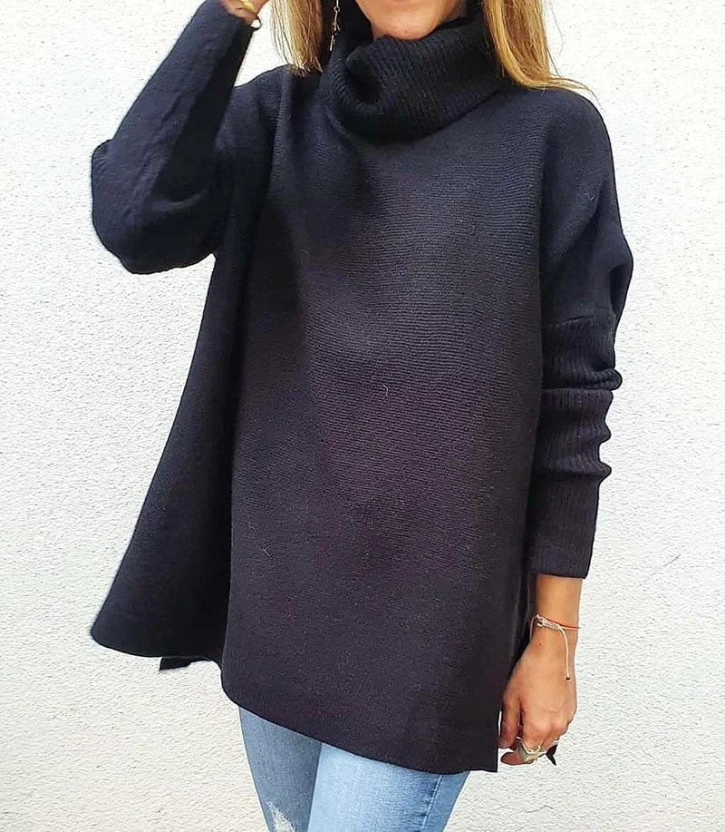 Autumn Winter Women Knitted Long Sweater Loose Oversized Turtleneck Batwing Sleeve Tunic Pullover Tops Jumpers