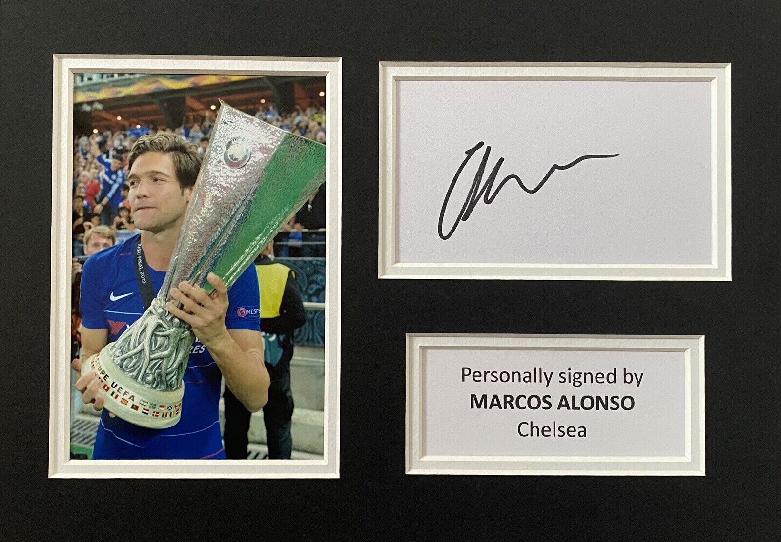 Marcos Alonso Hand Signed White Card In A4 Chelsea Mount Display