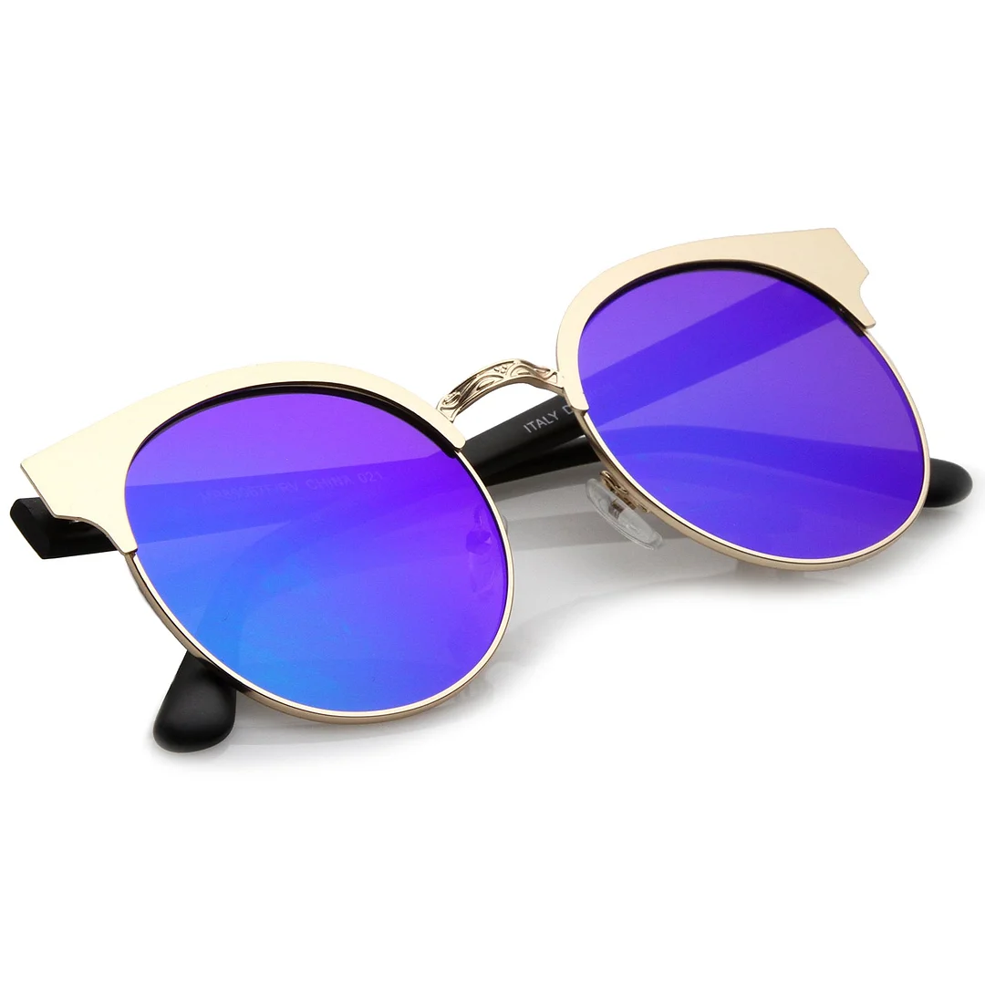 Modern Horn Rimmed Colored Mirror Flat Round Lens Half Frame glasses 52mm