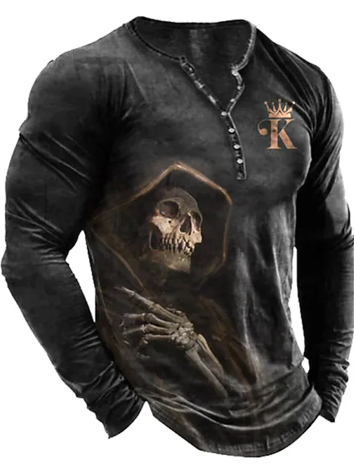 Men's T shirt Tee Henley Shirt Tee Graphic Skull Henley Green Blue Gray White Black 3D Print Plus Size Outdoor Daily Long Sleeve Button-Down Print Clothing Apparel Basic Designer Classic Comfortable-Cosfine