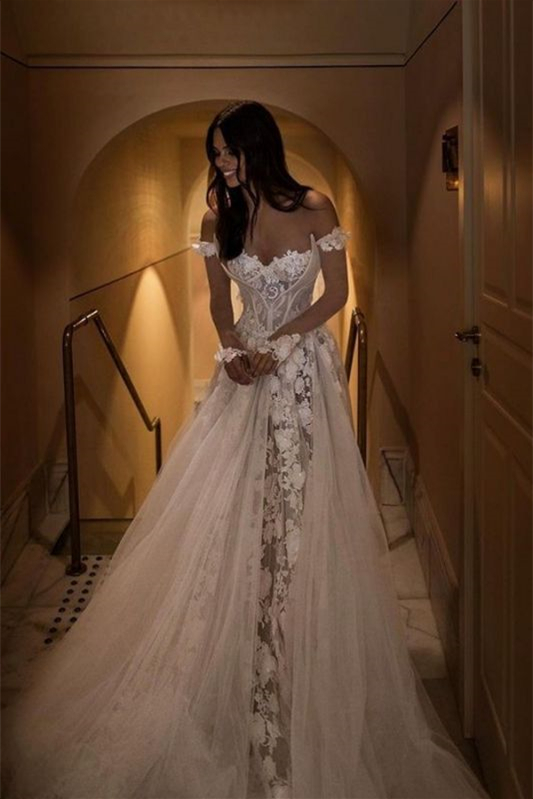 Oknass Off-The-Shoulder Lace A Line Wedding Dress