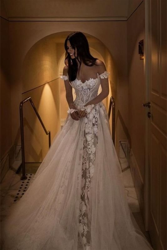 A Line Off-The-Shoulder Wedding Dress With Lace | Ballbellas Ballbellas