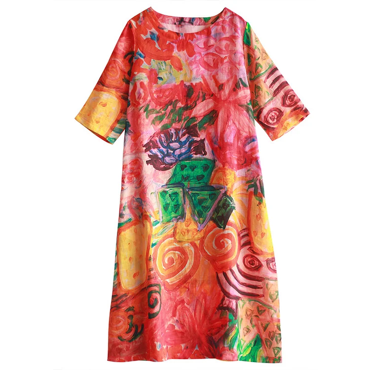 Elegant Printed Short Sleeve Round Neck Midi Dress