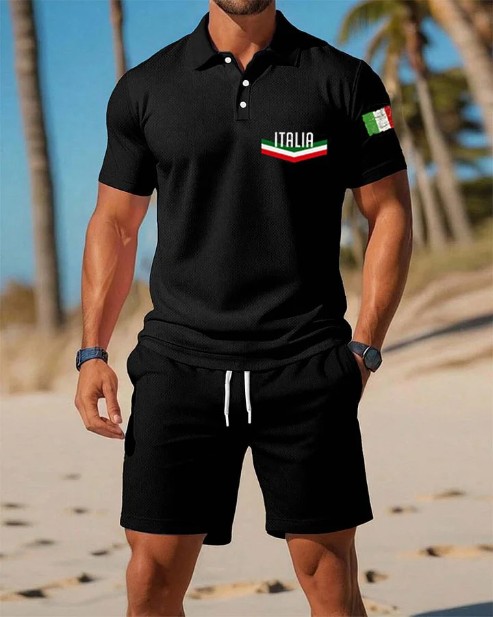 Men's Summer Beach Collection Meets Italian Style Fashion Printed Polo Shirt Set