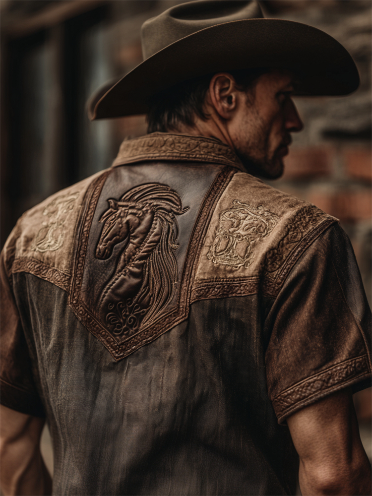 Men's Western Horse Leather Art Patchwork Linen Shirt