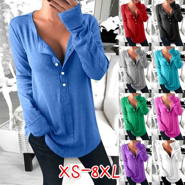 XS-8XL Plus Size Fashion Shirts Autumn and Winter Clothes Women's Casual Long Sleeve Tops Pullover Sweatshirts Deep V-neck Blouses Ladies Solid Color Button Up Loose Cotton T-shirts - Shop Trendy Women's Clothing | LoverChic