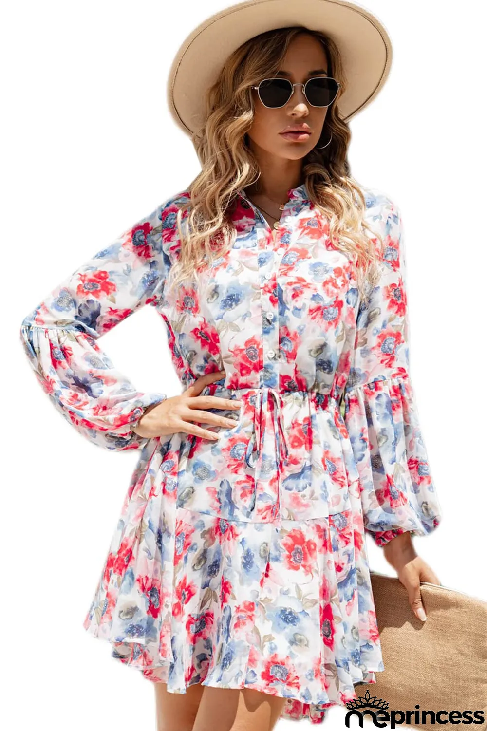 Sky Blue Vintage Floral Print Drawstring Flowy Dress